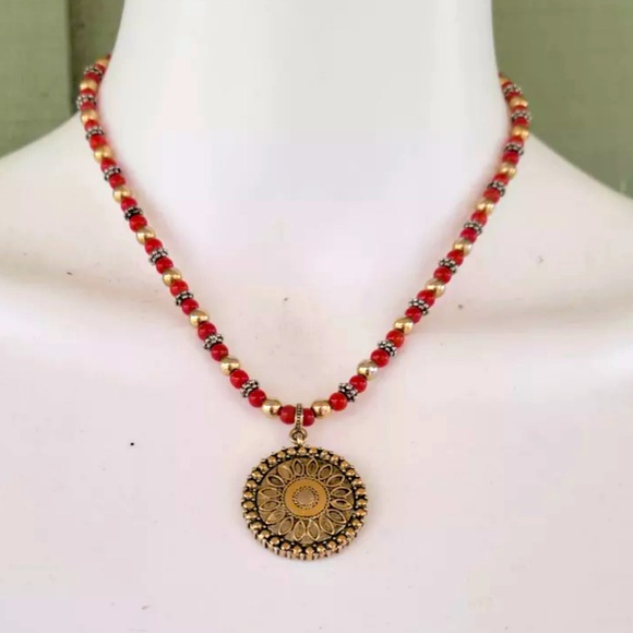 Napier Jewelry - VINTAGE NAPIER CORNELIAN RED BEADS & GOLD TONE BEADS SUNDIAL MEDALLION NECKLACE